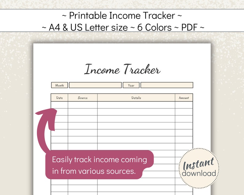 Printable Monthly Income Tracker: Financial Planner (US Letter, A4, PDF ...