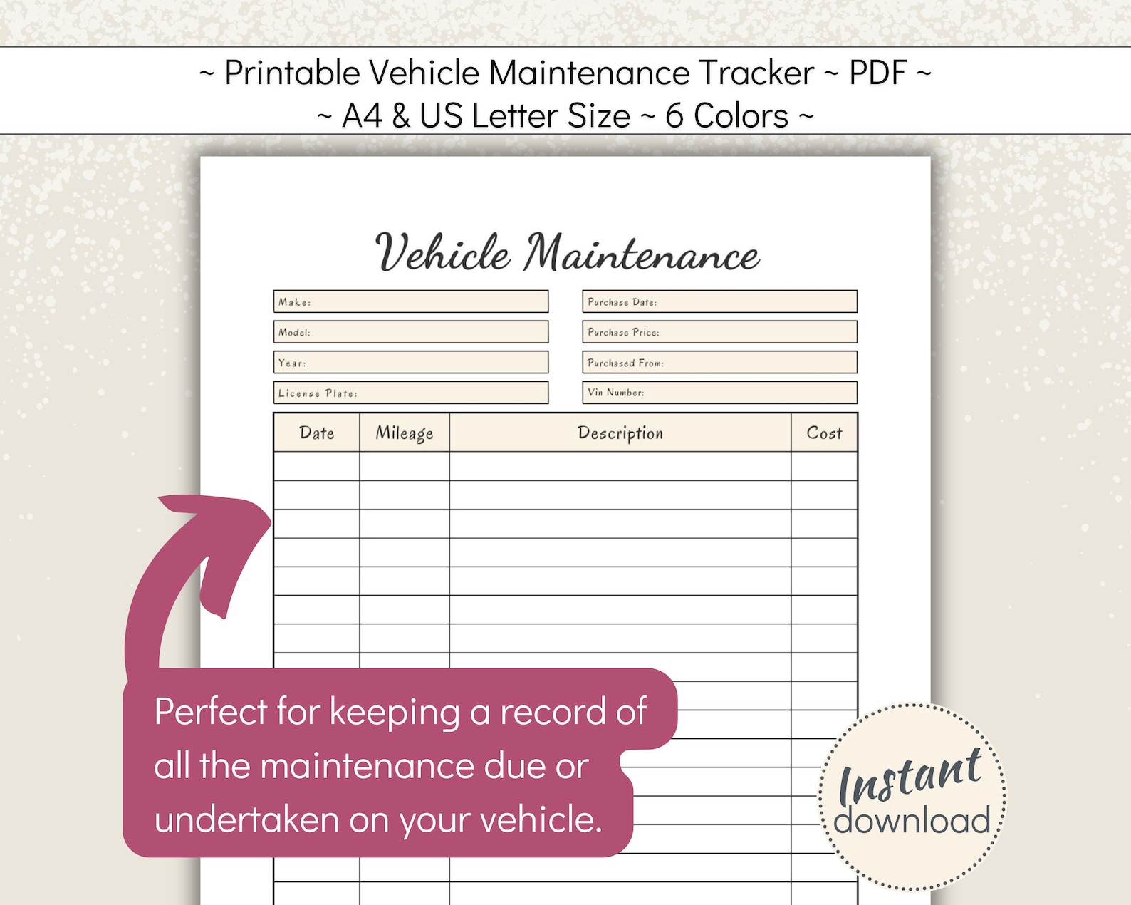 Printable Vehicle Service Tracker, Car Maintenance Log Book, Bike ...