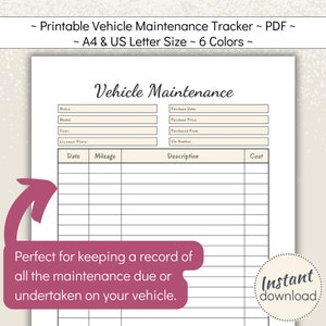 Printable Vehicle Service Tracker, Car Maintenance Log Book, Bike ...