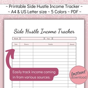 May include: A printable side hustle income tracker with a pink and white design. The document includes fields for month, year, date, source, details, and amount. Text on the image reads "Easily track income coming in from various sources."