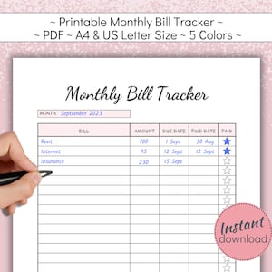 May include: Printable monthly bill tracker in PDF format. The tracker has a section for the month, bill name, amount, due date, paid date, and a paid column with a star icon. The month is September 2023. The bills listed are rent, internet, and insurance.