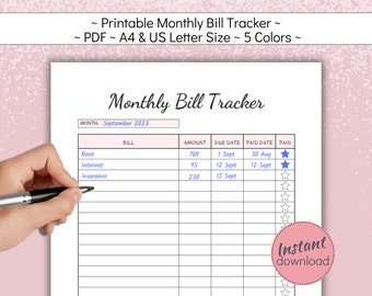 May include: Printable monthly bill tracker in PDF format. The tracker has a section for the month, bill name, amount, due date, paid date, and a paid column with a star icon. The month is September 2023. The bills listed are rent, internet, and insurance.