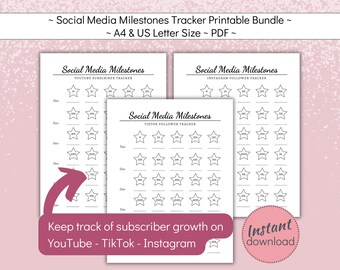 Social Media Milestones Tracker: YouTube, TikTok, Instagram (A4, US Letter PDF)