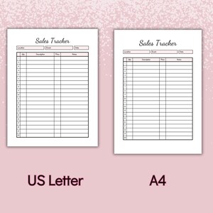 May include: Two printable sales tracker sheets, one in US Letter size and one in A4 size. Each sheet has columns for location, event, date, quantity, description, price, and notes.