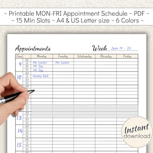 Printable Mon-Fri Appointment Schedule with 15 minute time slots, Weekly Customer Meeting Planner for Hair or Beauty Salon, A4, US Letter