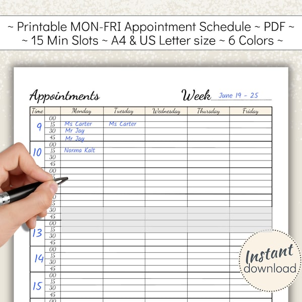 Printable Mon-Fri Appointment Schedule with 15 minute time slots, Weekly Customer Meeting Planner for Hair or Beauty Salon, A4, US Letter