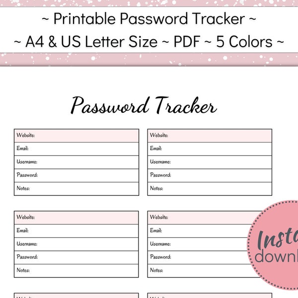 Password Tracker Printable, Website Login Details List, Online Account Organization Log, Password Logbook, US Letter, A4, PDF