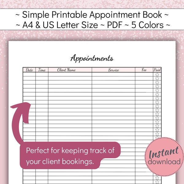 Printable Client Appointment Tracker, Simple Customer Meeting Schedule, Basic Appointment Planner for Hair and Nail Salon, A4 US Letter, PDF