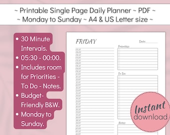 7 Day Printable Daily Planner with 30-minute Intervals, Monday to Sunday Day Scheduler and Task Tracker, PDF in US Letter and A4 size