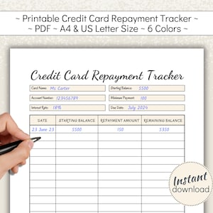 Planificador de pagos de tarjetas de crédito imprimible, planificador de pagos de deudas en color neutro, liquidación de préstamos, libertad financiera, PDF, tamaño carta de EE. UU., A4