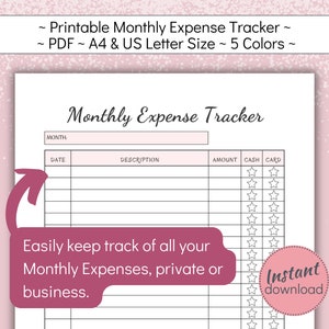 May include: A printable monthly expense tracker in pink, with fields for date, description, amount, cash, and card. The document includes the text "Monthly Expense Tracker" and "Instant download."