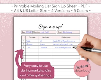Mailing List Sign Up Sheet Printable, Customer Contact Details Log, Marketing Email List for Small Business, A4, US Letter PDF