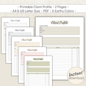 Profilo cliente stampabile, scheda informativa cliente per salone di bellezza e parrucchiere, registro clienti per piccole imprese, formato A4 e PDF US Letter