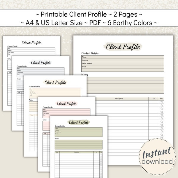 Printable Client Profile, Customer Information Sheet for Hair and Beauty Salon, Client Record Book for Small Business, A4 and US Letter PDF