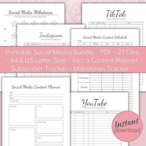 Printable Social Media Growth Bundle, YouTube, TikTok, Instagram Growth Tracker, Post Creation Schedule, Content Planner, A4 US Letter, PDF