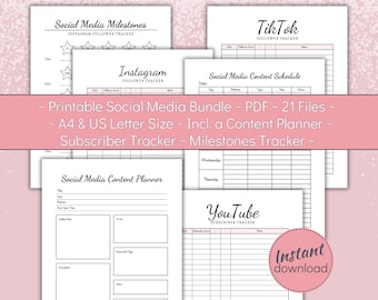 Social Media Growth Bundle Printable: Content Planner & Subscriber Tracker (A4/US Letter PDF)