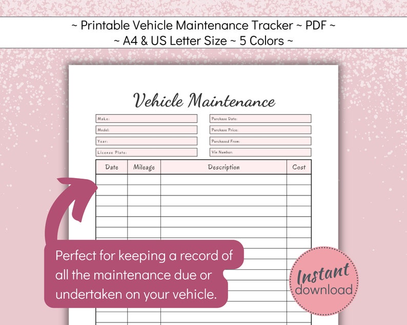 Printable Vehicle Maintenance Log Book: A4 & US Letter (PDF) - Etsy