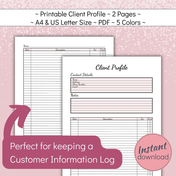 Printable Client Profile, Customer Information Sheet for Hair and Beauty Salon, Client Record Book for Small Business, A4 and US Letter PDF