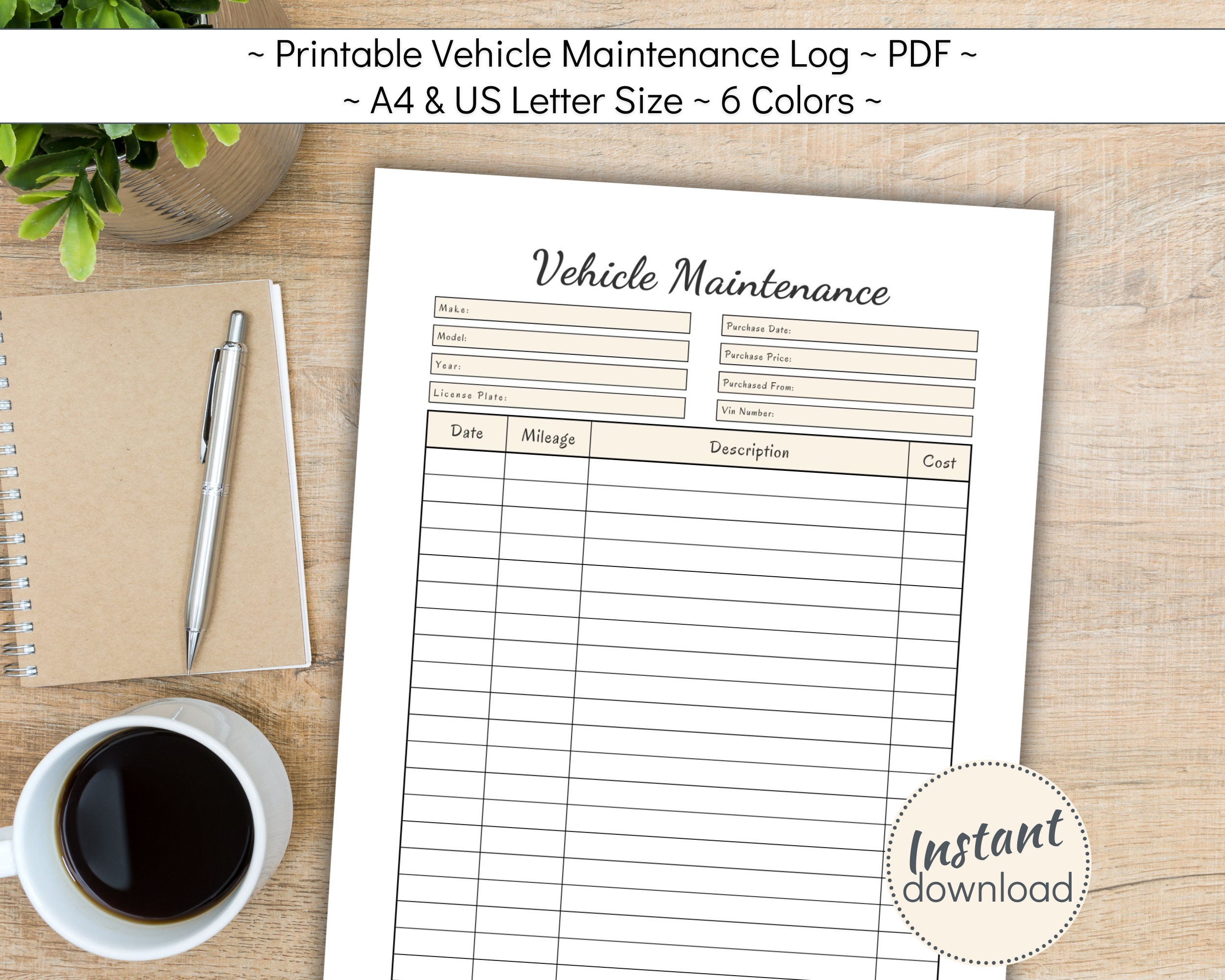 Printable Vehicle Service Tracker, Car Maintenance Log Book, Bike ...