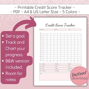 Printable Credit Score Tracker, Credit Repair Sheet, Personal Finance Planner,  Monthly Credit Rating Tracker, PDF, US Letter, A4