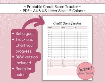 May include: Printable credit score tracker in PDF format. The tracker has a grid for recording scores and a section for notes. It includes a goal setting section and a chart to track progress. The tracker is available in five colors and includes a black and white version.