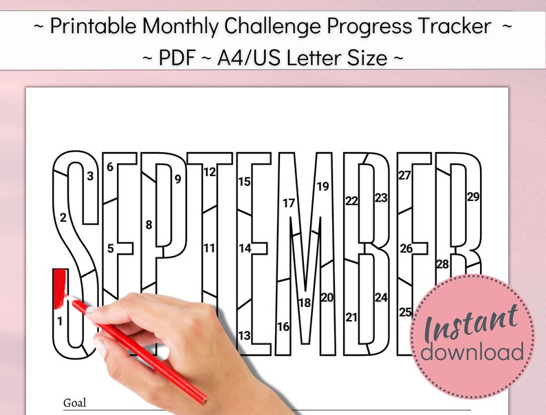 September Step Tracker Printable September Challenge Tracker, 30 Day Goal Setting Coloring ...