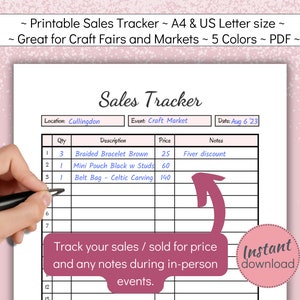 May include: A printable sales tracker sheet with columns for quantity, description, price, and notes. The sheet is designed for craft fairs and markets and includes a sample entry for a braided bracelet, a mini pouch, and a belt bag. The text "Track your sales / sold for price and any notes during in-person events." is at the bottom of the sheet.