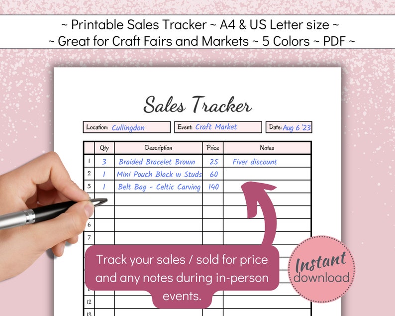 May include: A printable sales tracker sheet with columns for quantity, description, price, and notes. The sheet is designed for craft fairs and markets and includes a sample entry for a braided bracelet, a mini pouch, and a belt bag. The text "Track your sales / sold for price and any notes during in-person events." is at the bottom of the sheet.