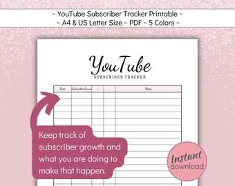 YouTube Subscriber Tracker Printable: Social Media Growth Log (A4, US Letter PDF)