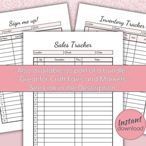 May include: Printable digital download of three black and white inventory and sales tracker sheets. The sheets are designed for craft fairs and markets. The sheets include columns for date, location, event, quantity, description, price, notes, and quantity sold.