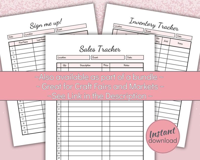 May include: Printable digital download of three black and white inventory and sales tracker sheets. The sheets are designed for craft fairs and markets. The sheets include columns for date, location, event, quantity, description, price, notes, and quantity sold.