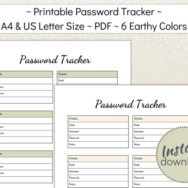 Password Tracker Printable, Website Login Details List, Online Account Log in Manager, Earthy Color Password Logbook, US Letter, A4, PDF