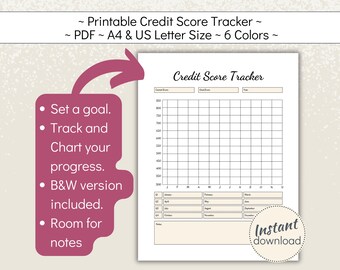 May include: Printable credit score tracker in PDF format. The tracker includes a grid to chart your progress, a section for notes, and a space to set a goal. The tracker is available in A4 and US Letter sizes and comes in six colors.