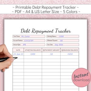 Planificador de pago de dinero imprimible, rastreador de pago de deudas en 5 colores, PDF de libertad financiera en tamaño Carta de EE. UU. y A4, descarga instantánea