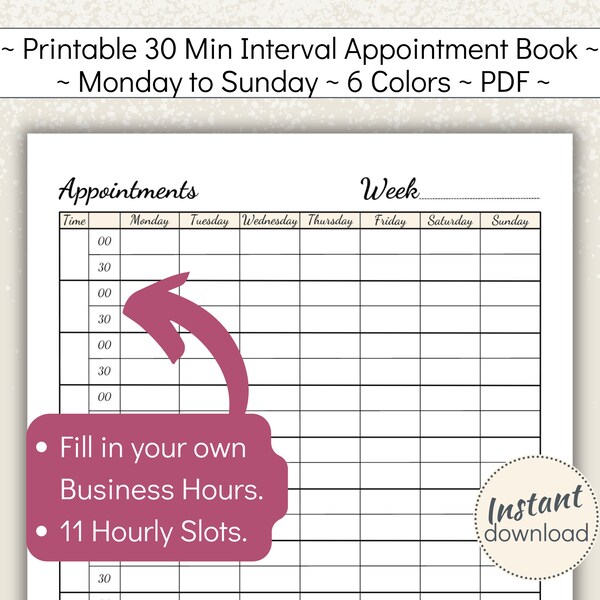 Appointment Planner with 30 minute Intervals Printable, Weekly Client Meeting Schedule, Customer Session Scheduler, A4, US Letter, PDF