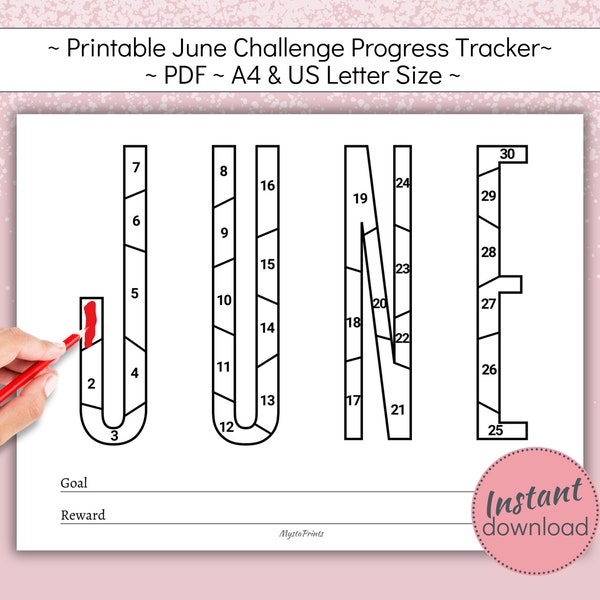 30 Day June Challenge Printable, Summer Goal Setting Coloring Page, Monthly Fitness Habit Progress Tracker, A4 and US Letter size, PDF