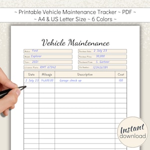 Printable Vehicle Service Tracker, Car Maintenance Log Book, Bike Repairs Record, Motorcycle Expense Logbook, A4 and US Letter, PDF