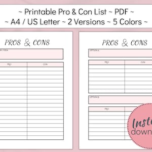 Pro und Contra Liste zum Ausdrucken, Life Organizer Plan, Für & Kontra Plan, PDF, Instant Download, Life Organizer Sheet