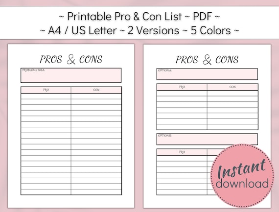 Pros and Cons List Printable: Decision Making Tool (A4, US Letter PDF)