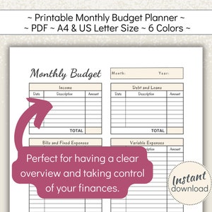 Printable Monthly Budget Planner: Income & Expense Tracker (A4, US Letter PDF)