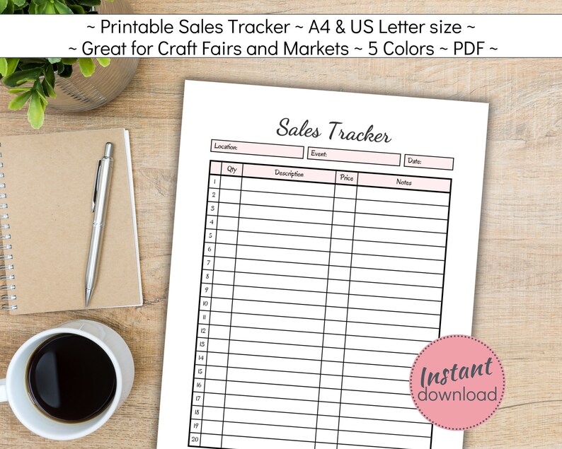 May include: Printable sales tracker sheet with columns for location, event, date, quantity, description, price, and notes. The sheet is designed for craft fairs and markets and has a pink and white color scheme.