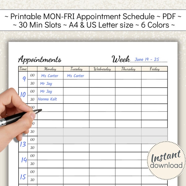 Printable Appointment Book with 30 Minute time slots Monday to Friday, Weekly Client Planner, Customer Session Scheduler, A4 US Letter, PDF