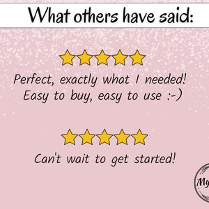 May include: Five gold stars with the text "What others have said:" above them. Below the stars is the text "Perfect, exactly what I needed! Easy to buy, easy to use :-) Can't wait to get started!" with a logo for Mysta Prints below the text.