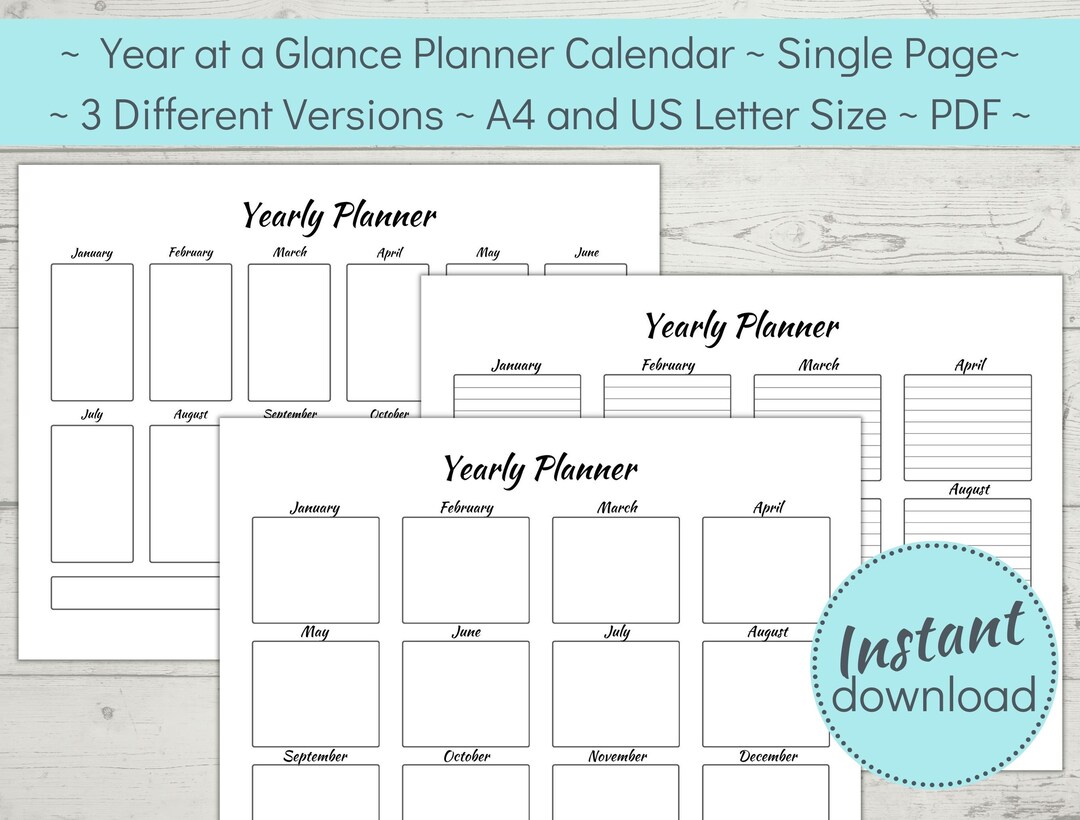 Printable Year at a Glance Planner Calendar Single Page - Etsy