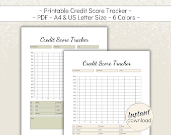 May include: Two printable credit score trackers with a grid for tracking scores. The text "Credit Score Tracker" is at the top. The image also includes the text "Instant download" and "PDF ~ A4 & US Letter Size ~ 6 Colors ~".