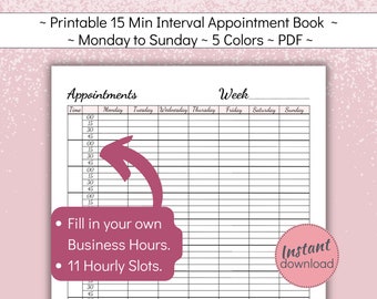Printable Appointment Book with 15 minute time slots, Weekly Client Meeting Planner, Customer Session Scheduler, A4 US Letter, PDF