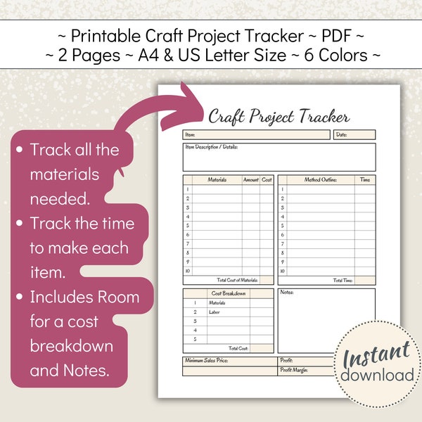 Printable Artisan Project Tracker, Craft Creation Planner, How to Crafting Log, Costing Sheet for Handmade Goods, A4, US Letter, PDF