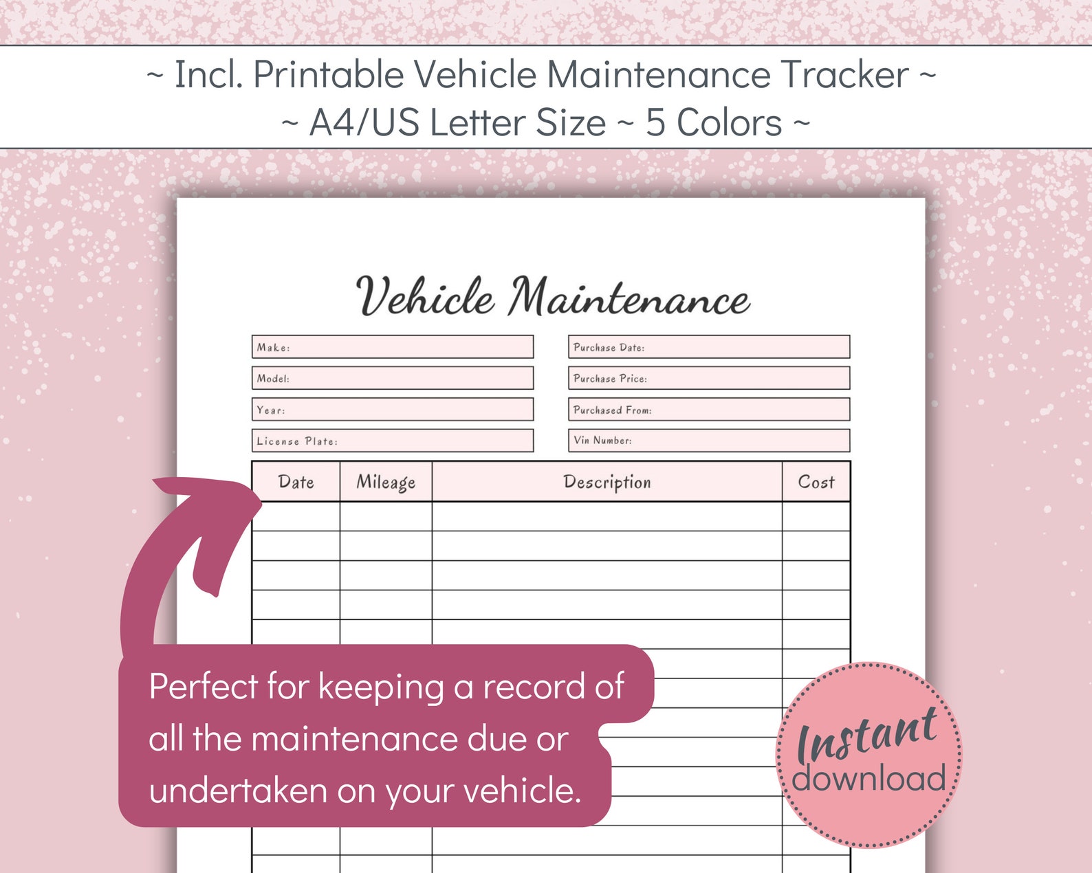 Printable Vehicle Maintenance and Expense Tracker Bundle, Car and ...