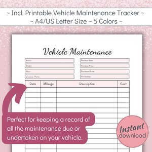 Printable Vehicle Maintenance and Expense Tracker Bundle, Car and ...