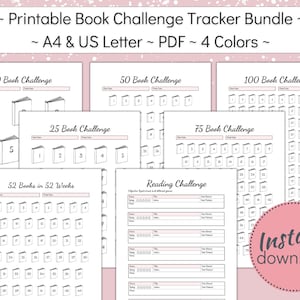 Book Challenge Tracker Printable Bundle, BookLover Reading Log, 10 - 25 - 50 - 75 - 100 Book Challenge, Gift for Bookworm, A4, US Letter